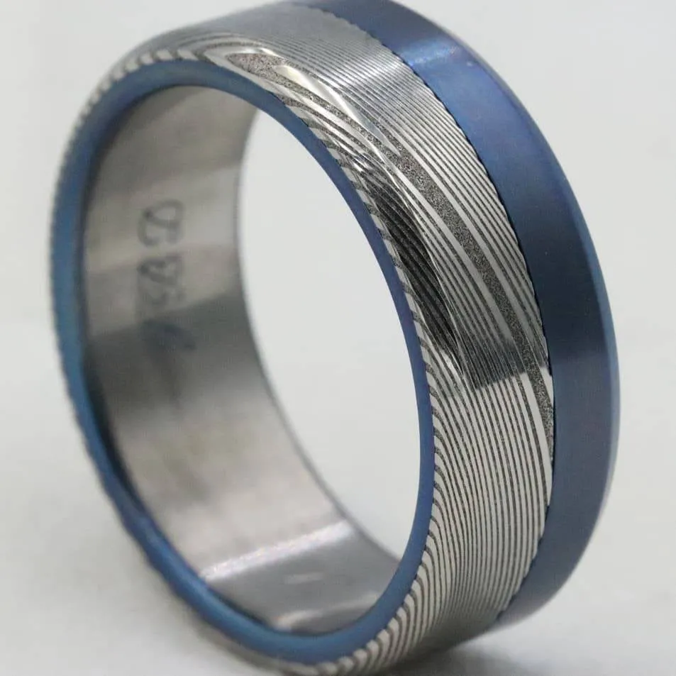 Titanium &  Damascus steel ring-  stainless damasteel titanium ring, mens wedding band, mens rings , blue ring, wedding rings