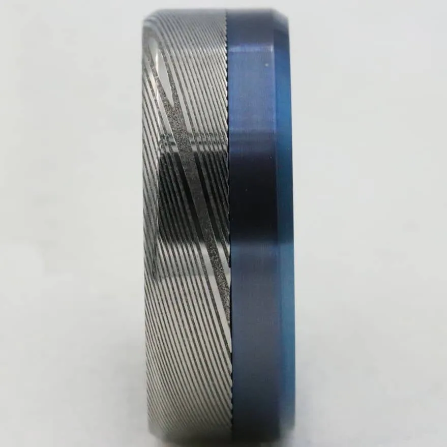 Titanium &  Damascus steel ring-  stainless damasteel titanium ring, mens wedding band, mens rings , blue ring, wedding rings