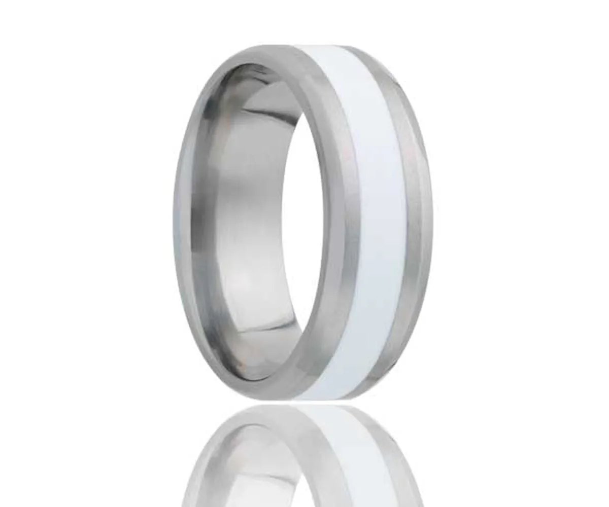 Titanium Beveled Edge White Inlay Ring