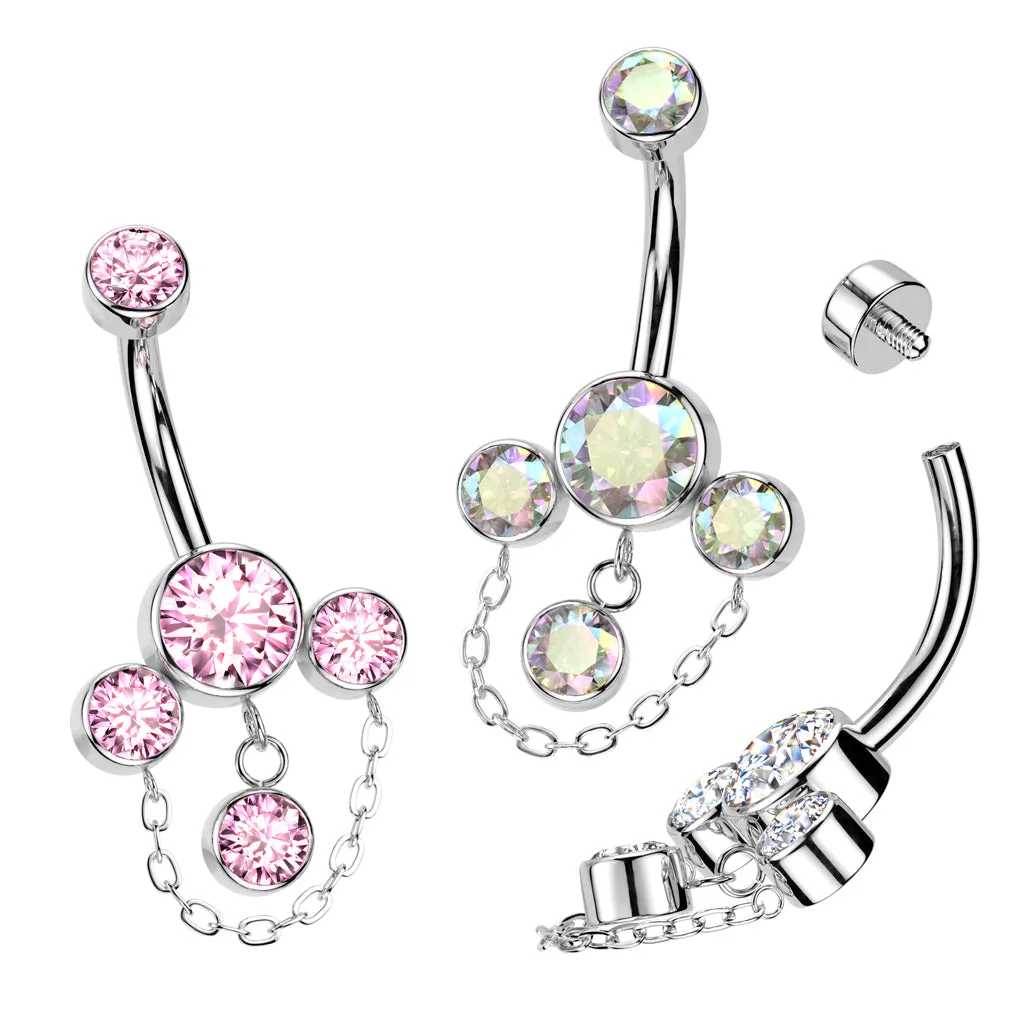 Titanium Bezel Set CZ & Chain Dangle Belly Button Rings