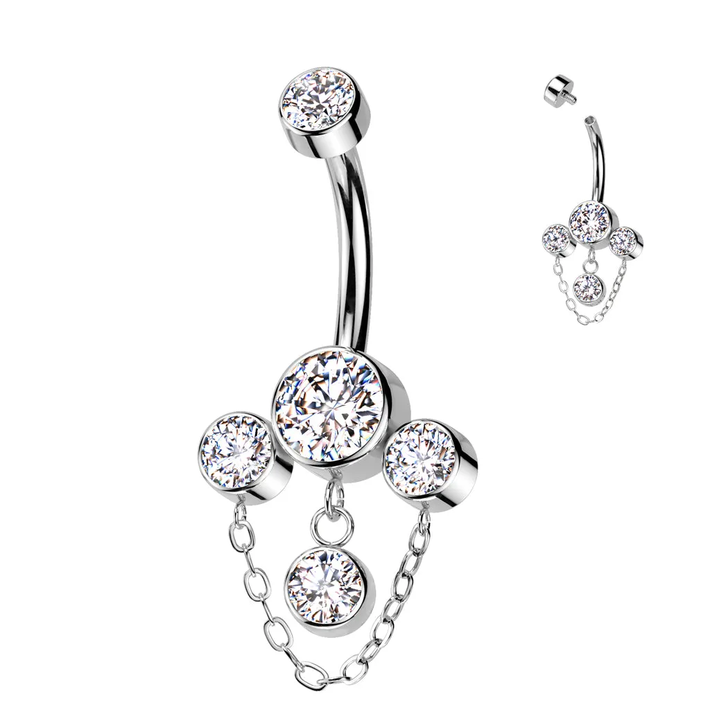 Titanium Bezel Set CZ & Chain Dangle Belly Button Rings