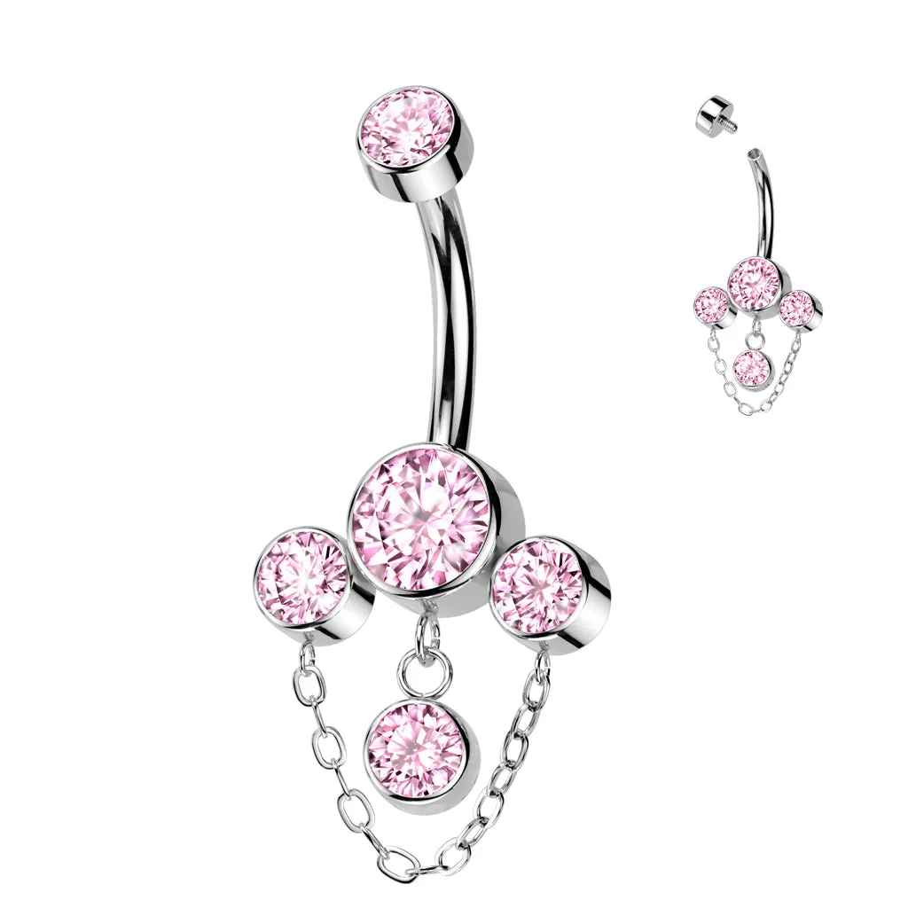 Titanium Bezel Set CZ & Chain Dangle Belly Button Rings