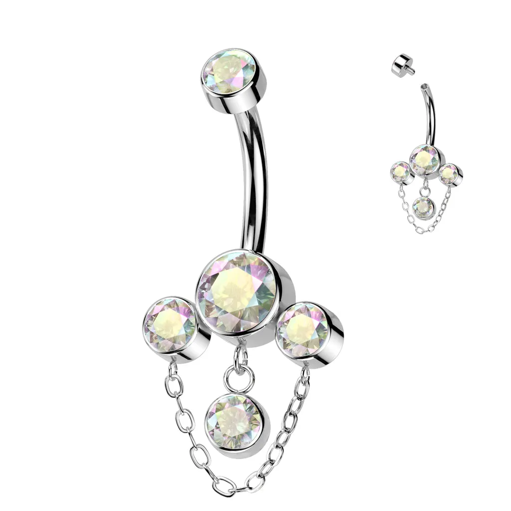 Titanium Bezel Set CZ & Chain Dangle Belly Button Rings