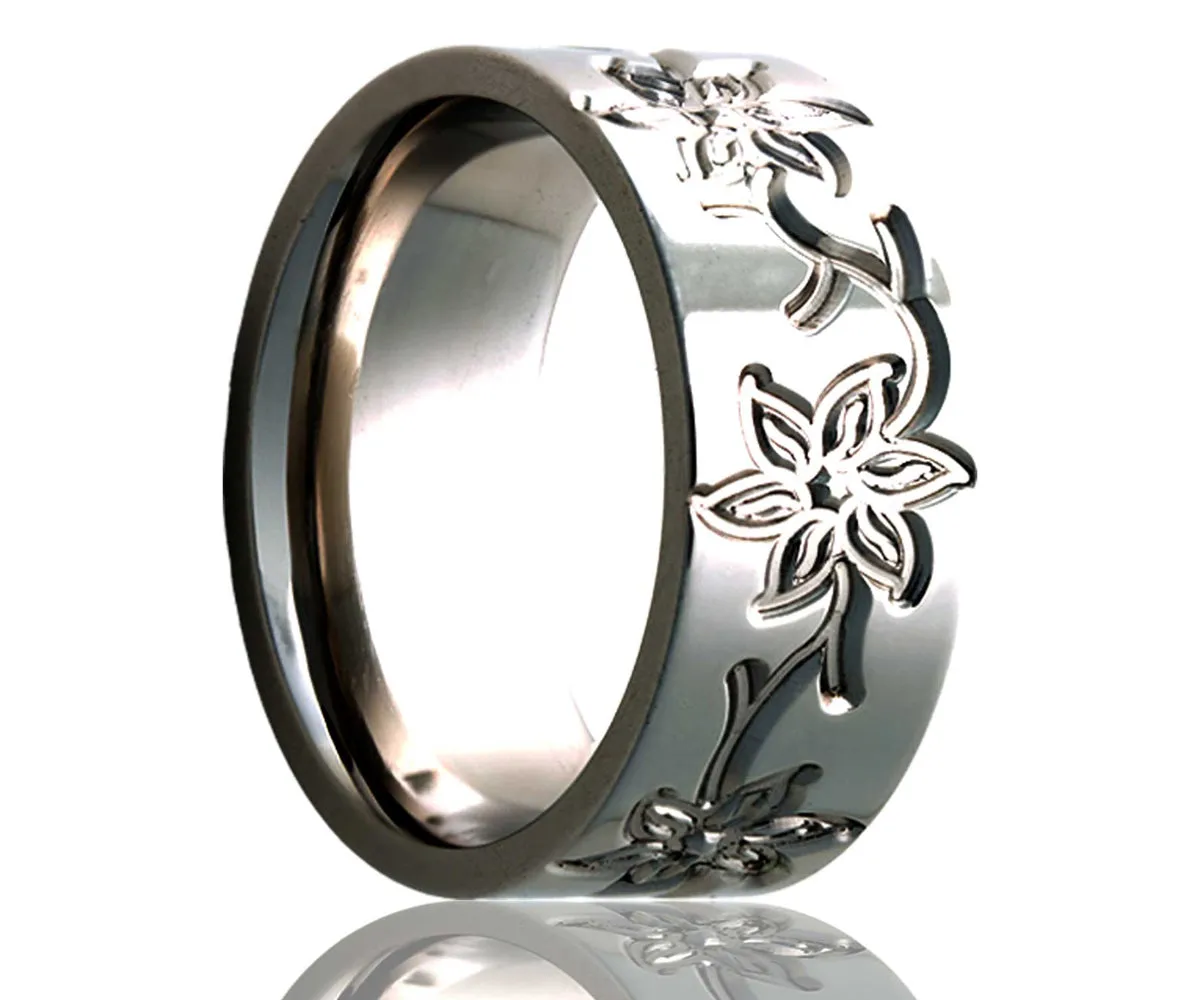 Titanium Flat Floral Milled Ring
