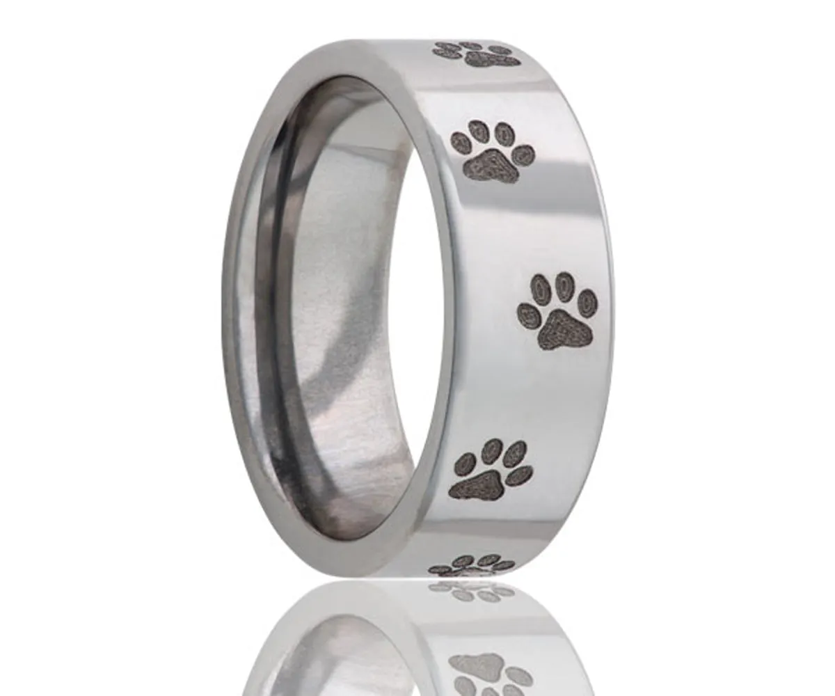 Titanium Flat Laser Engraved Dog Paw Ring