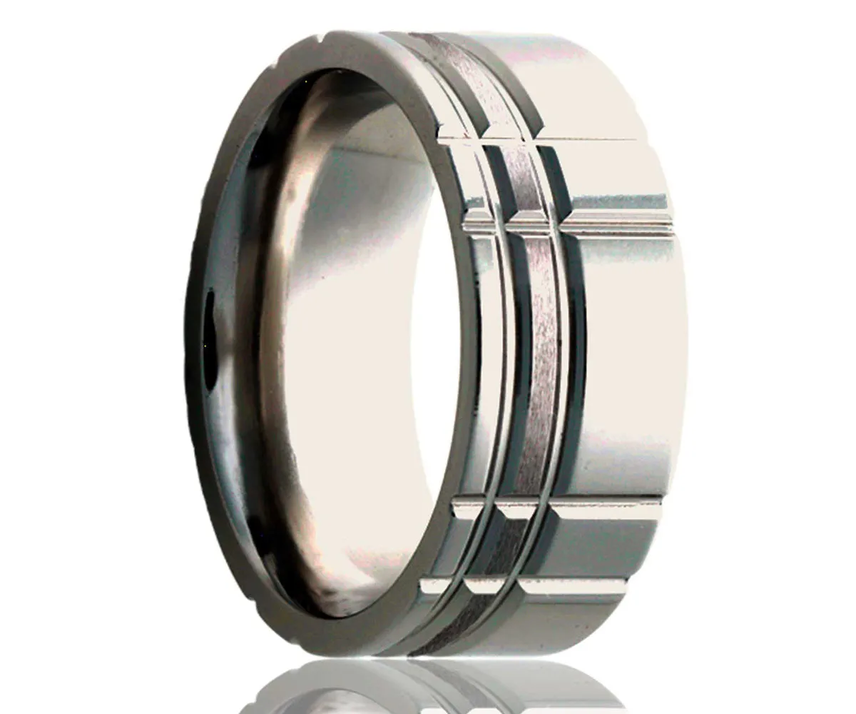 Titanium Flat Offset Intersecting Grooves Satin Milled Ring
