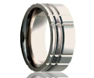 Titanium Flat Offset Intersecting Grooves Satin Milled Ring