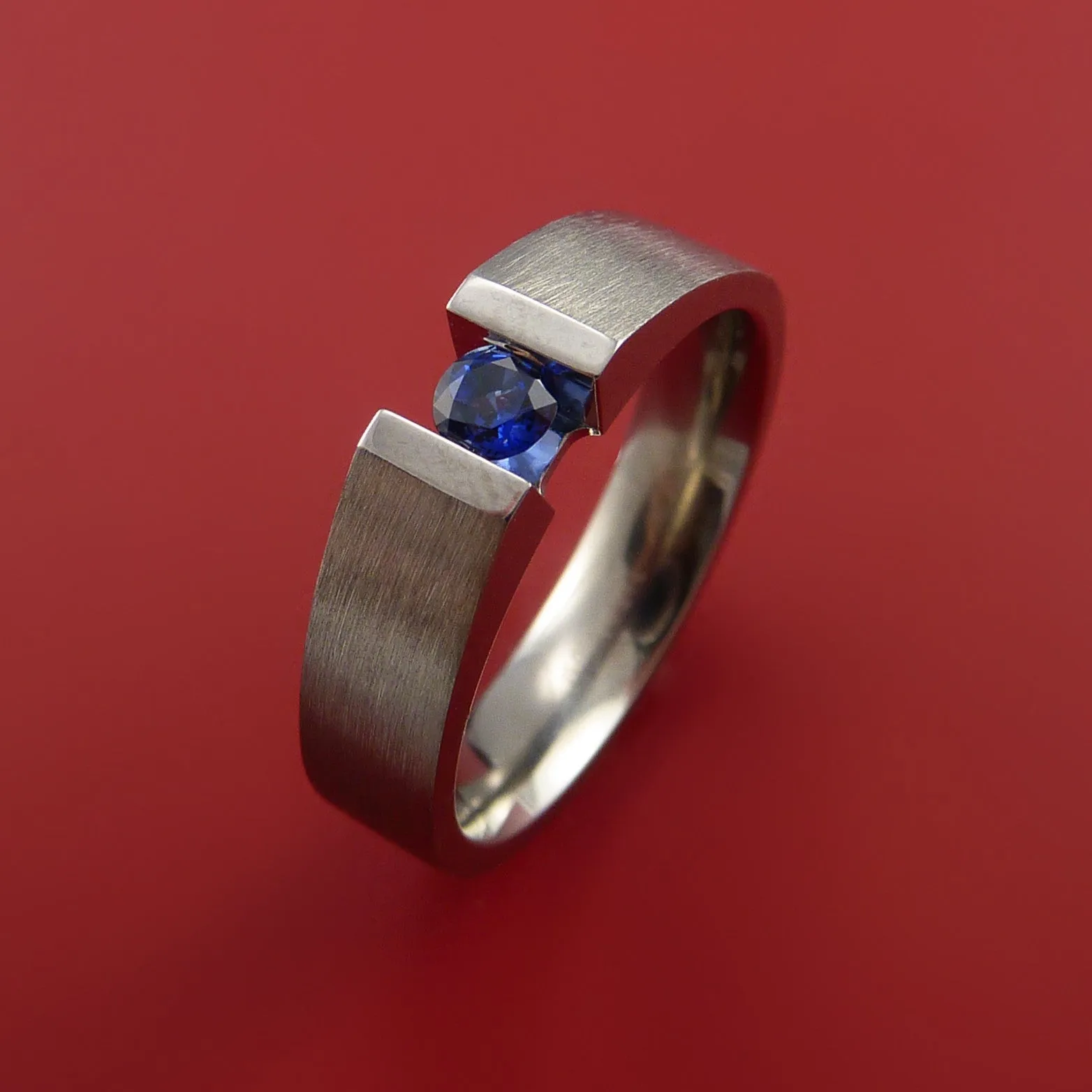 Titanium Ring Tension Set Band with Round Blue Sapphire Stone