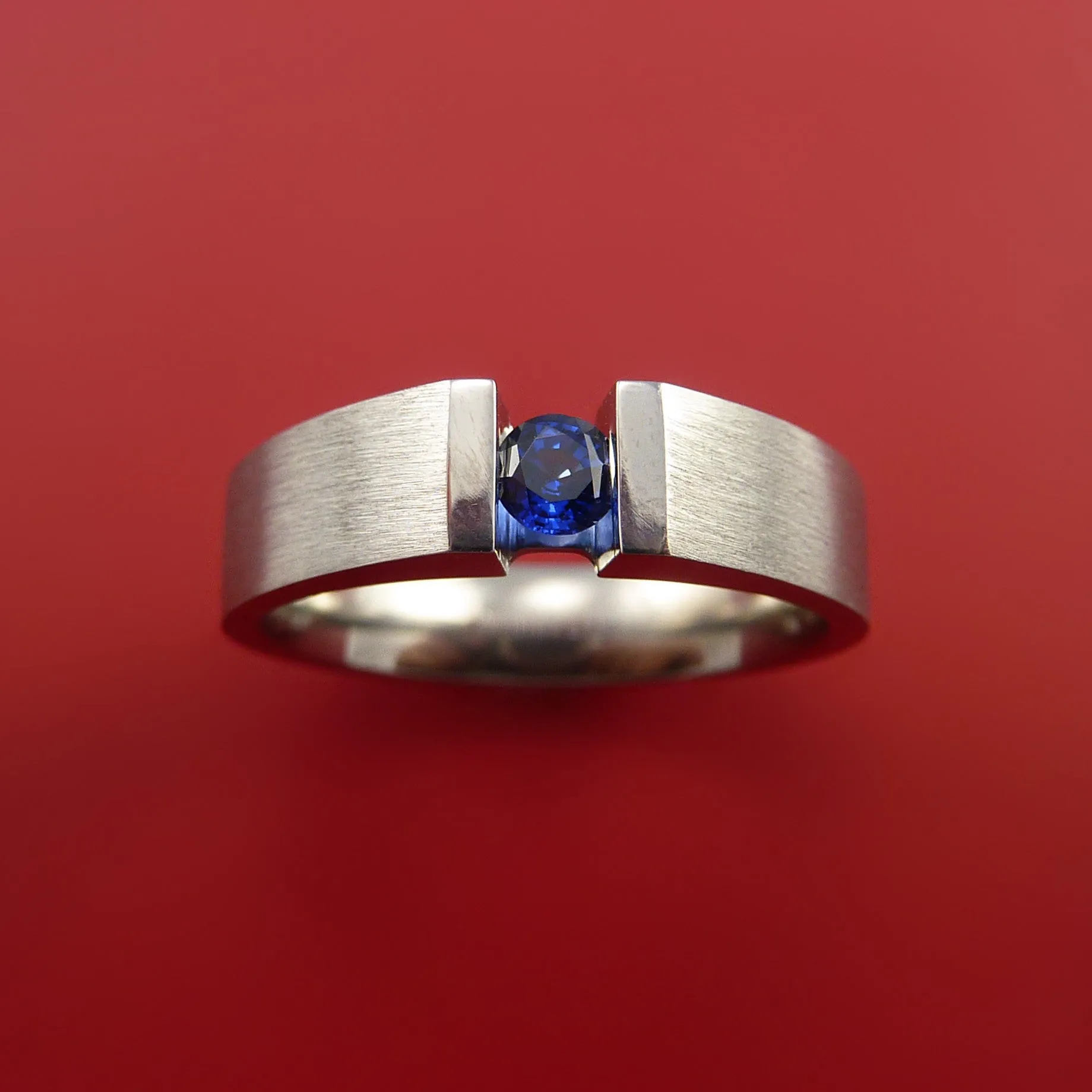 Titanium Ring Tension Set Band with Round Blue Sapphire Stone