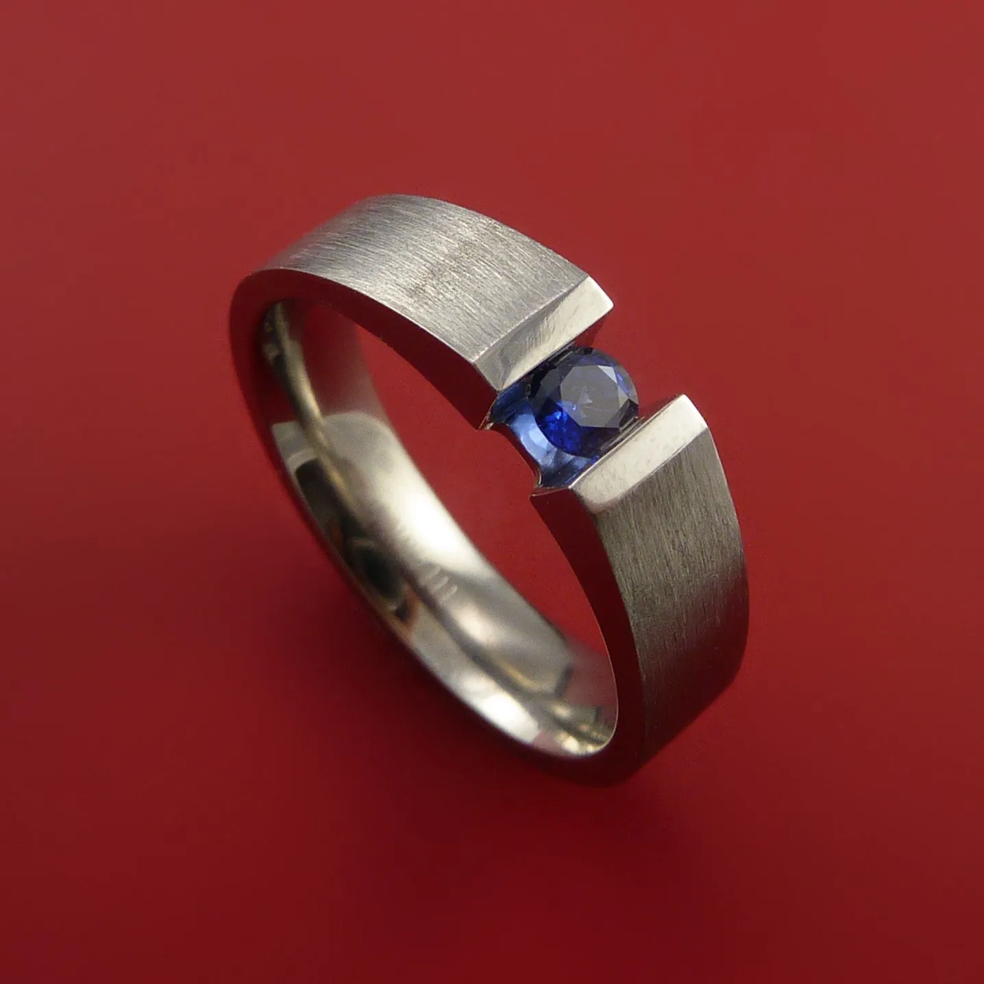Titanium Ring Tension Set Band with Round Blue Sapphire Stone