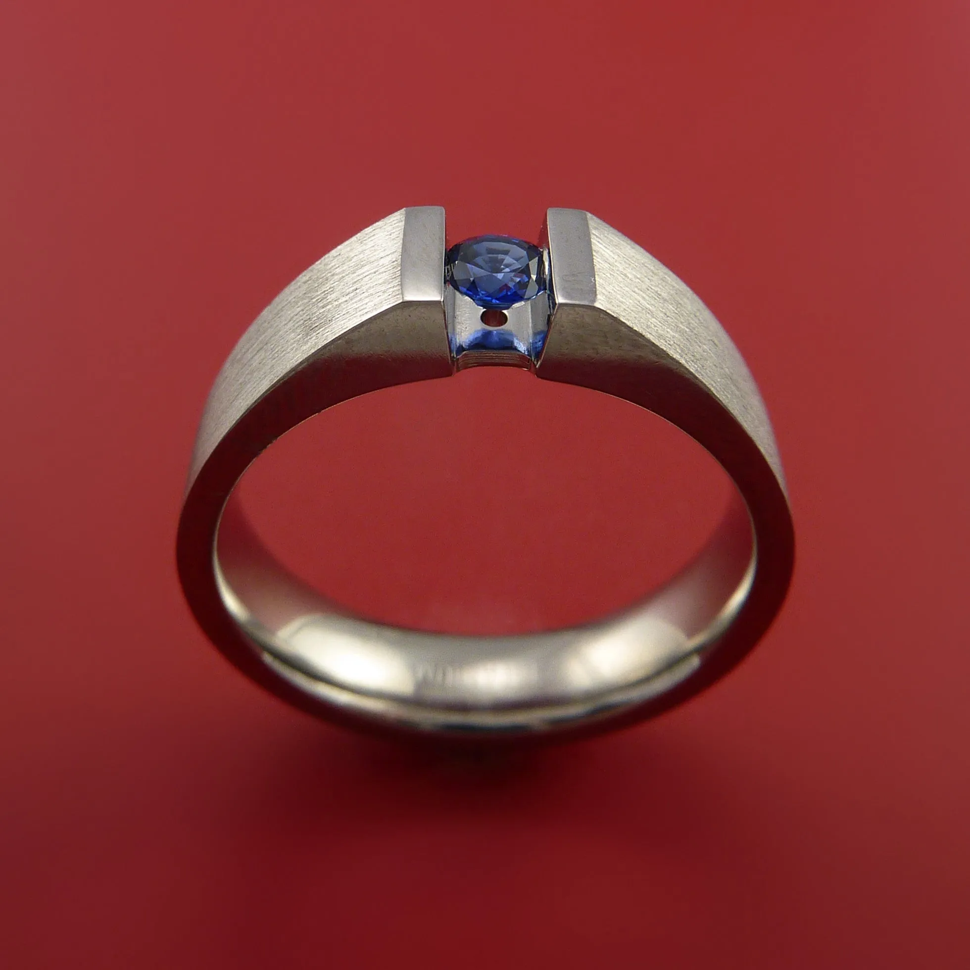 Titanium Ring Tension Set Band with Round Blue Sapphire Stone
