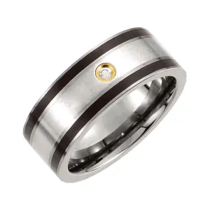 Titanium, Sterling Silver Inlay, Black Enamel & 14K Gold Plate 9mm .06 CTW Diamond Band Size 8