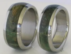 Titanium Wood Band Inlaid with Green Maple Burl Wood Custom Made Wedding Bands Set Available Sizes 4-18