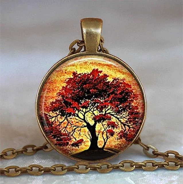 Tree Of Life Glass Cabochon Statement Necklace