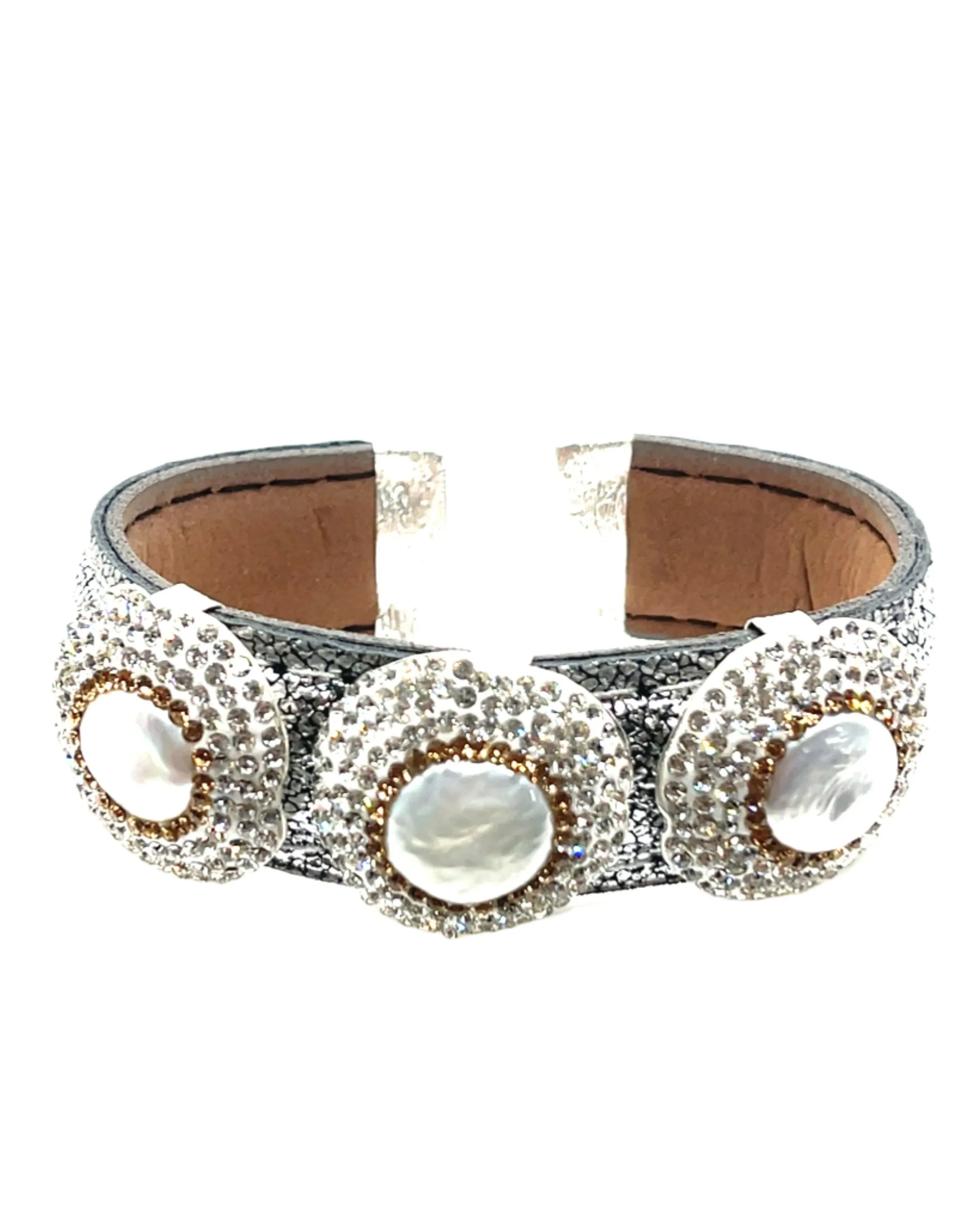 Triple Gemstone & Crystal Leather Cuff Bracelet