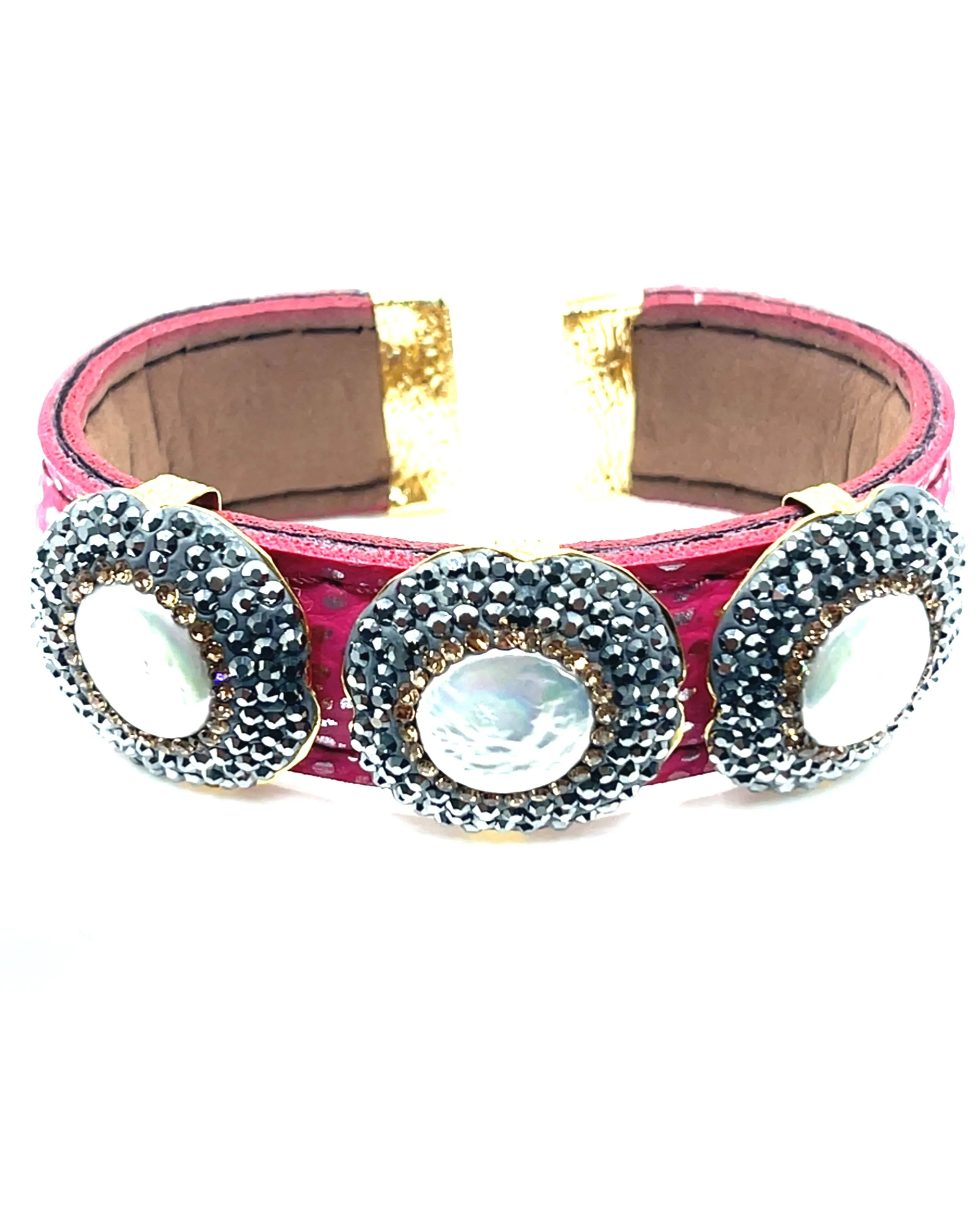 Triple Gemstone & Crystal Leather Cuff Bracelet