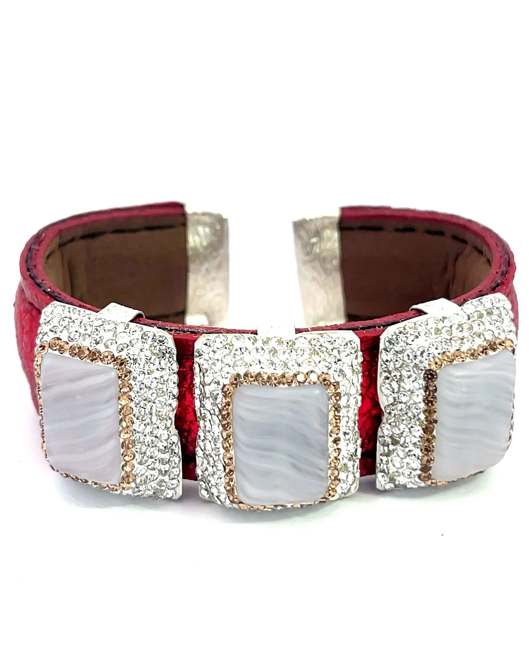 Triple Gemstone & Crystal Leather Cuff Bracelet