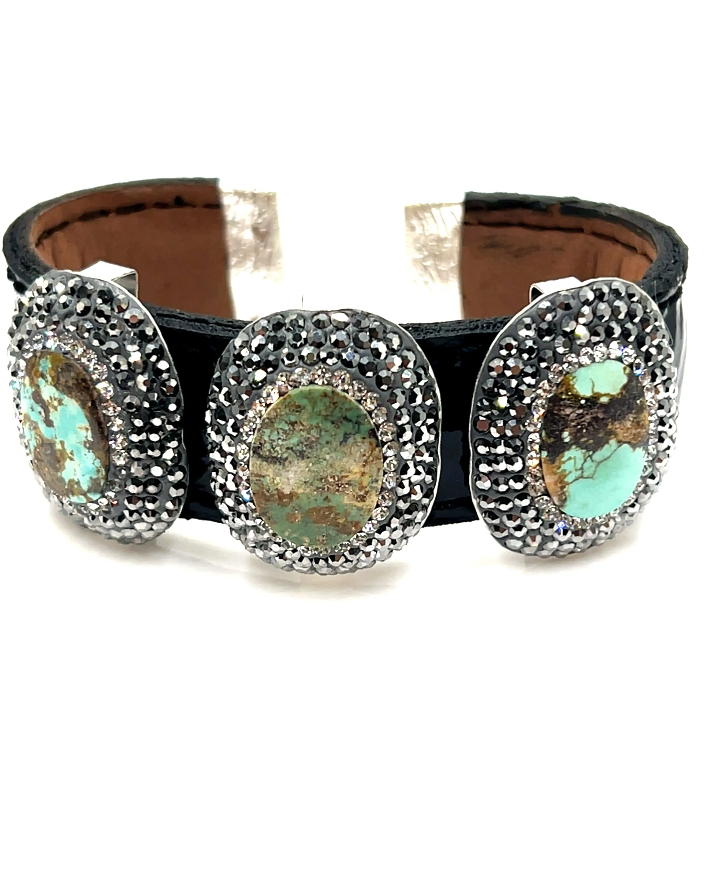 Triple Gemstone & Crystal Leather Cuff Bracelet