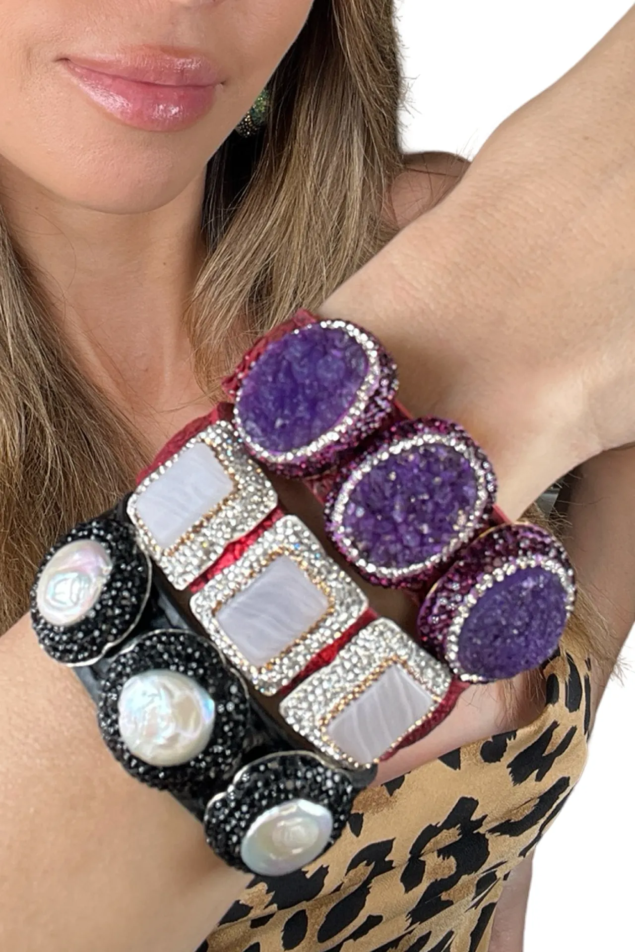 Triple Gemstone & Crystal Leather Cuff Bracelet