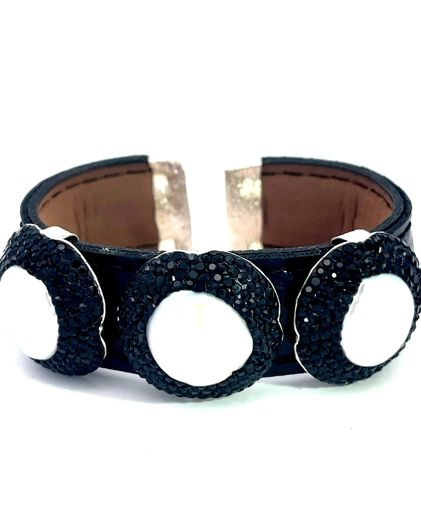 Triple Gemstone & Crystal Leather Cuff Bracelet