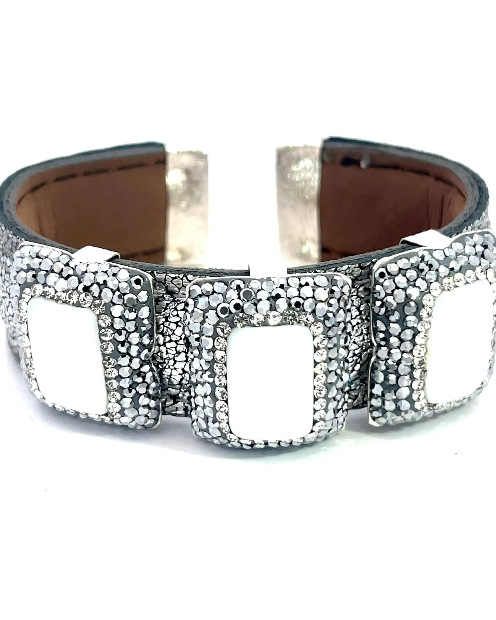 Triple Gemstone & Crystal Leather Cuff Bracelet