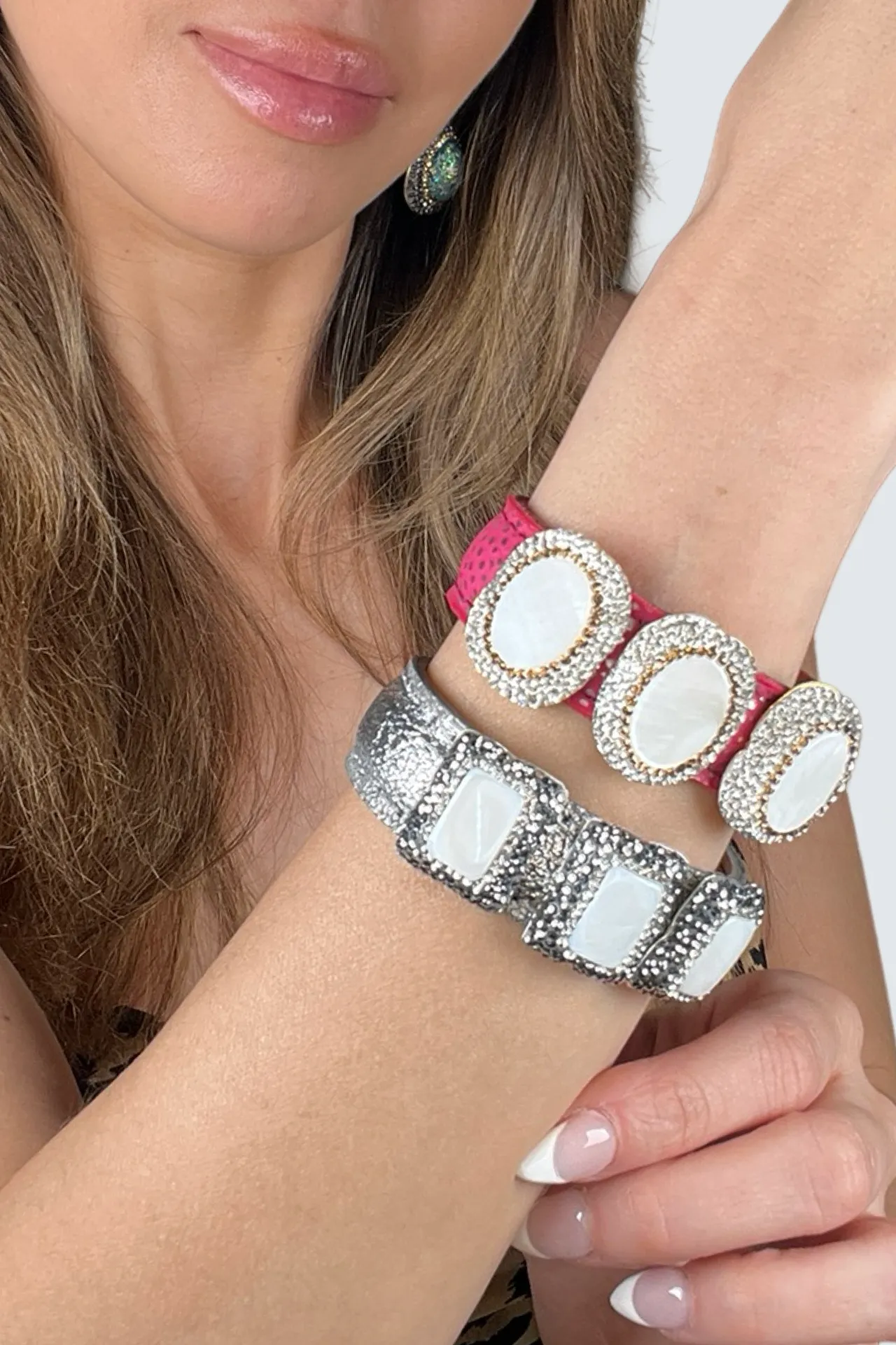 Triple Gemstone & Crystal Leather Cuff Bracelet