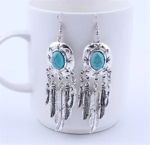 Turquoise & Silver-Plated Feather Drop Earrings