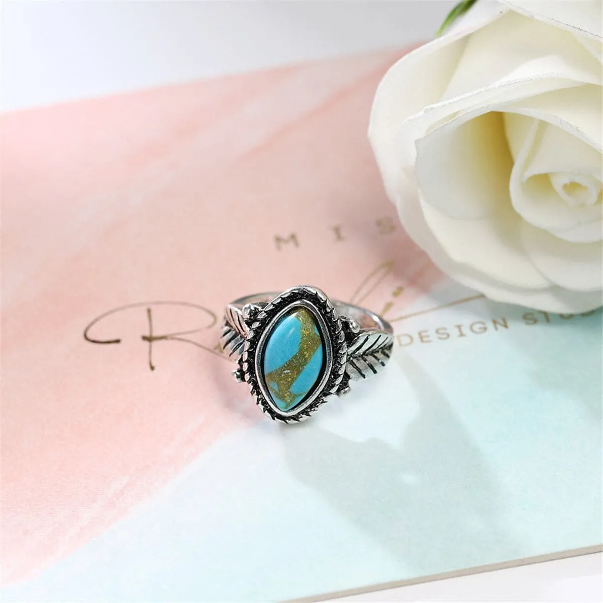 Turquoise & Silver-Plated Leaf Ring