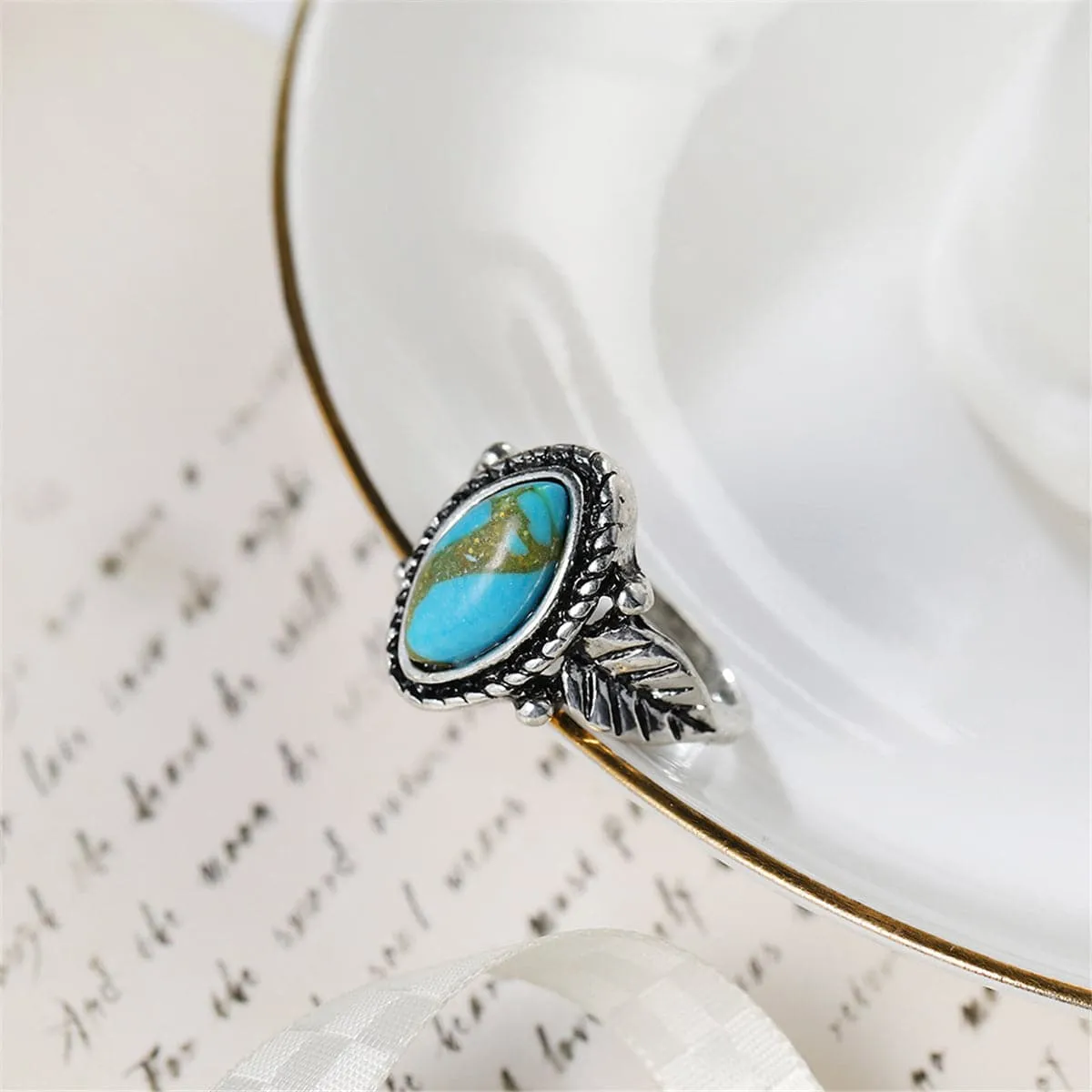 Turquoise & Silver-Plated Leaf Ring