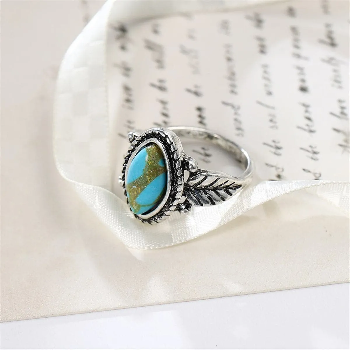 Turquoise & Silver-Plated Leaf Ring