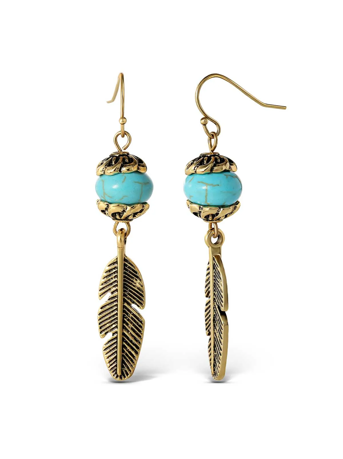 Turquoise Bead Feather Drop Earrings in Gold
