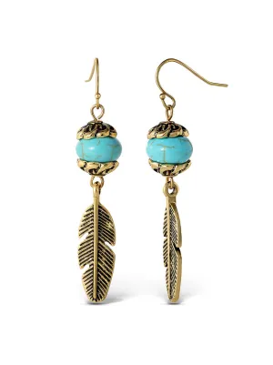 Turquoise Bead Feather Drop Earrings in Gold