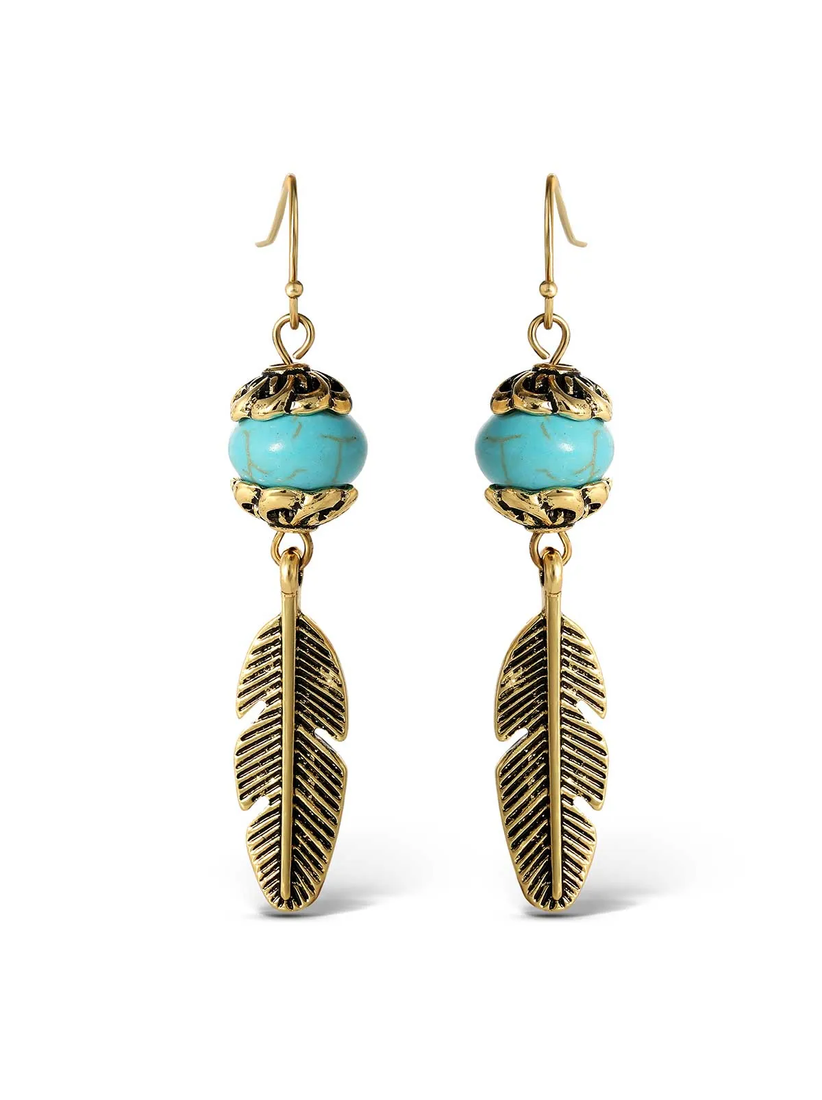 Turquoise Bead Feather Drop Earrings in Gold