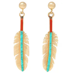 Turquoise Coral 14 Karat Yellow Gold Vintage Feather Drop Earrings