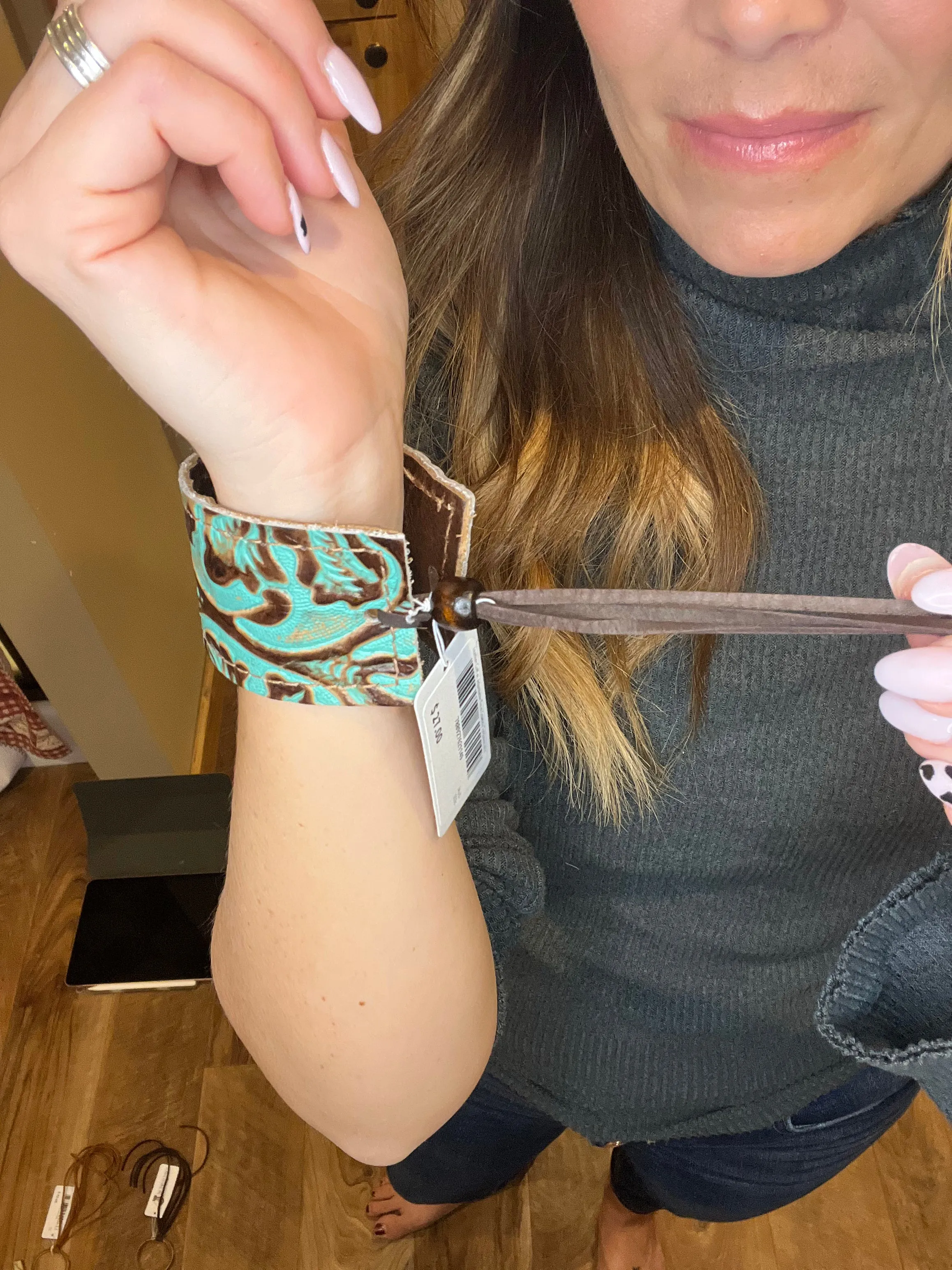 Turquoise leather adjustable cuff