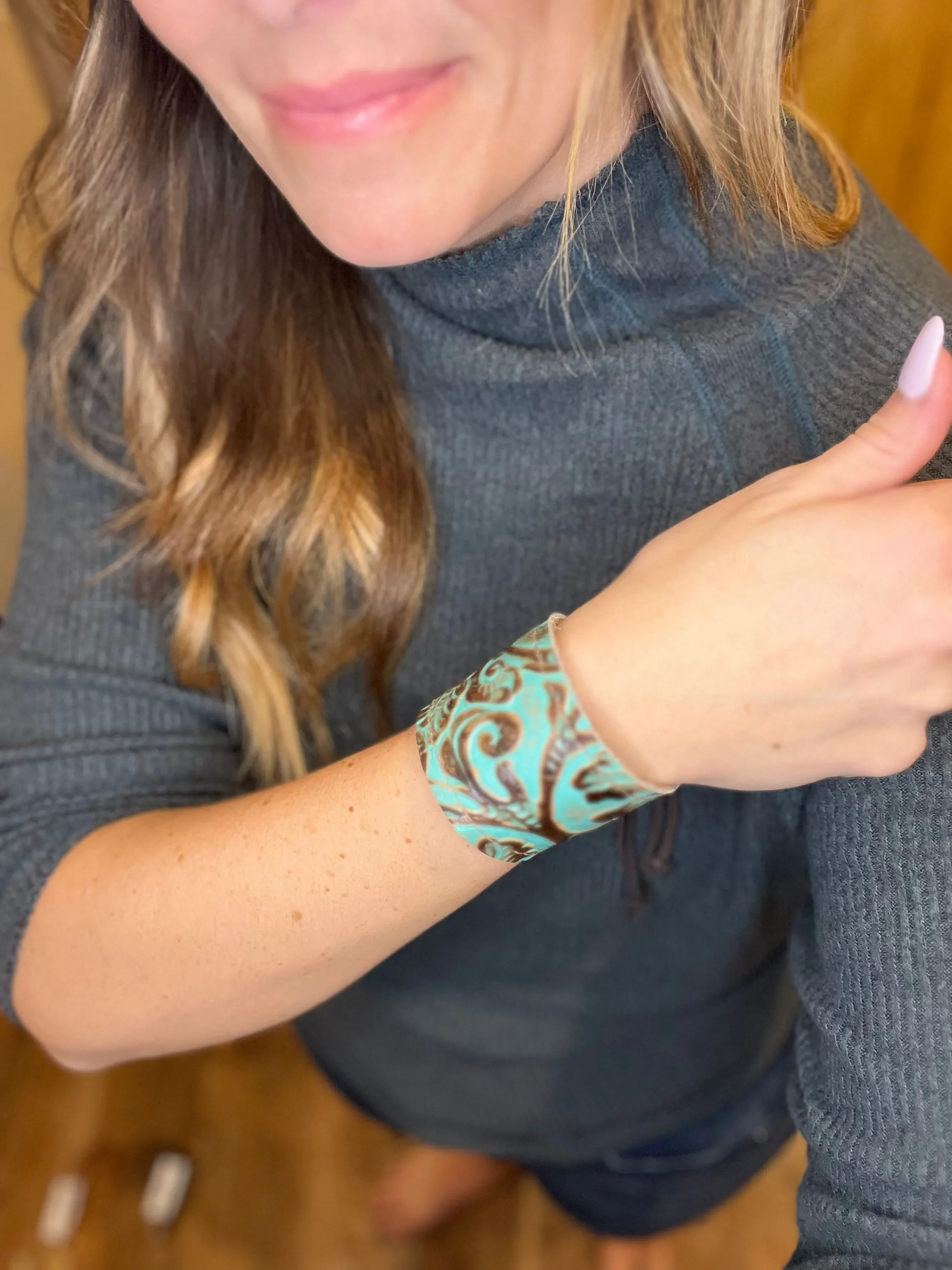 Turquoise leather adjustable cuff