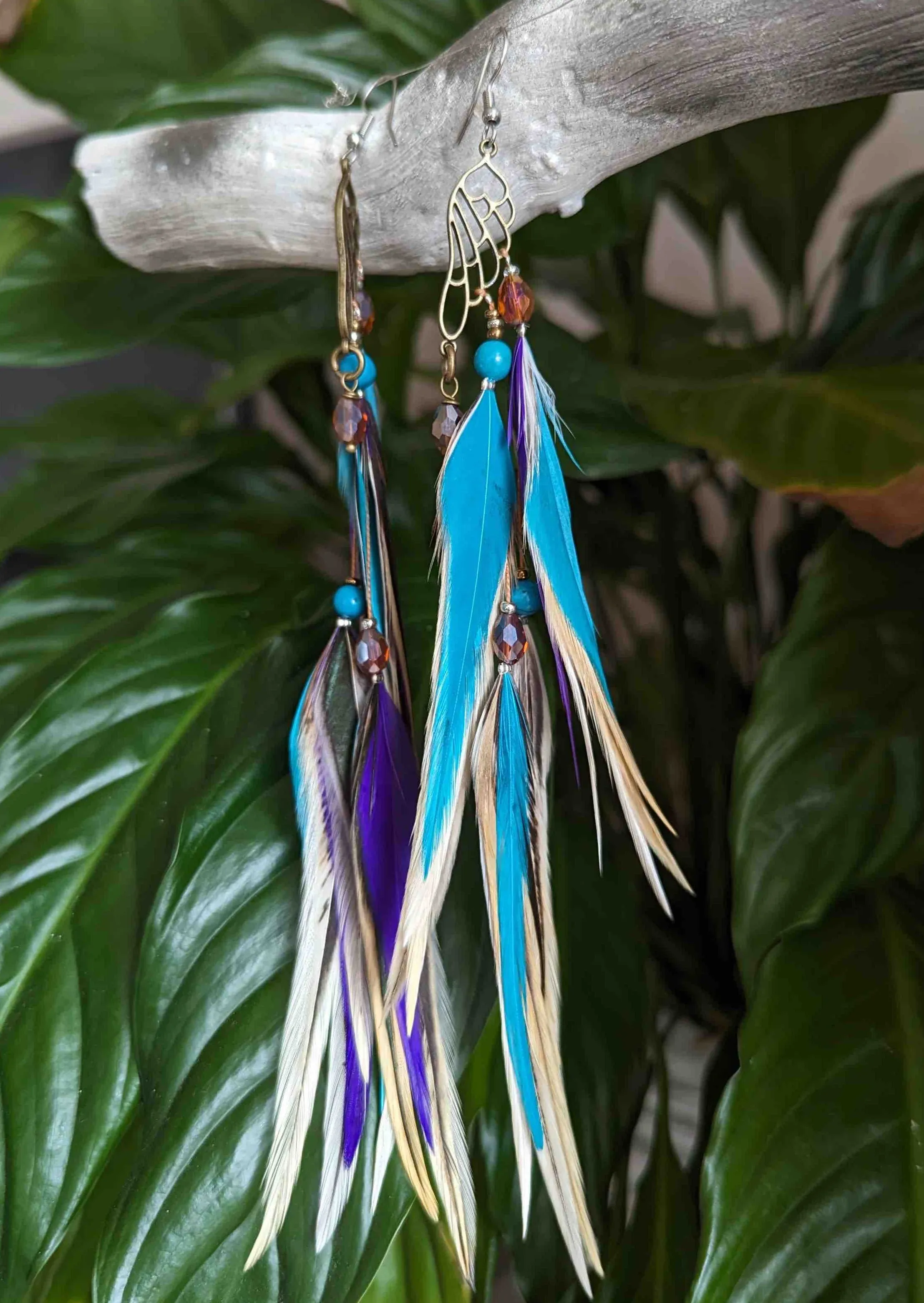 Turquoise Purple Feather Earrings with Wings