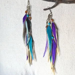 Turquoise Purple Feather Earrings with Wings
