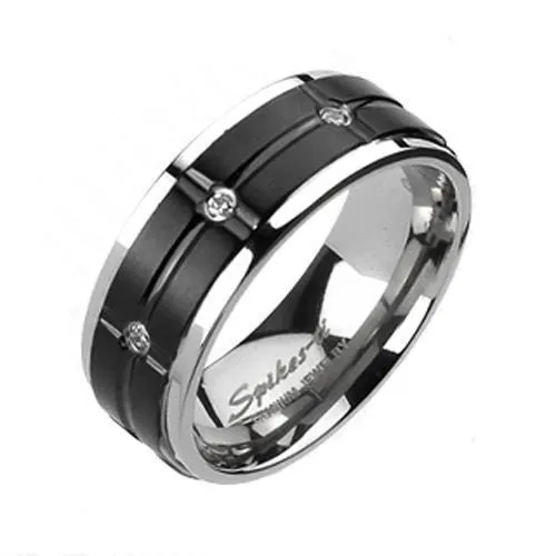 Two-Tone Mirror Polished Titanium Ring with Cross Grooved Black Band and CZ Accents.