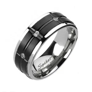 Two-Tone Mirror Polished Titanium Ring with Cross Grooved Black Band and CZ Accents.