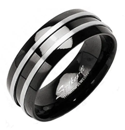 Two-Tone Polished Black Titanium Ring with Two Brushed Finish Racing Stripes. Couple Ring.