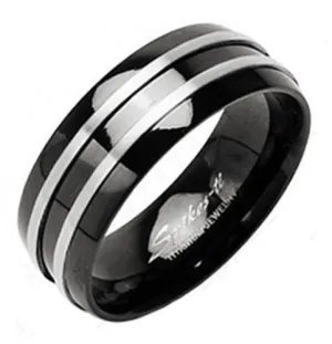 Two-Tone Polished Black Titanium Ring with Two Brushed Finish Racing Stripes. Couple Ring.