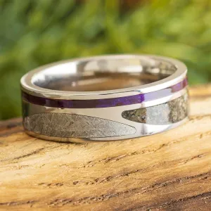 Unique Meteorite and Dinosaur Bone Wedding Band with Wood Pinstripe