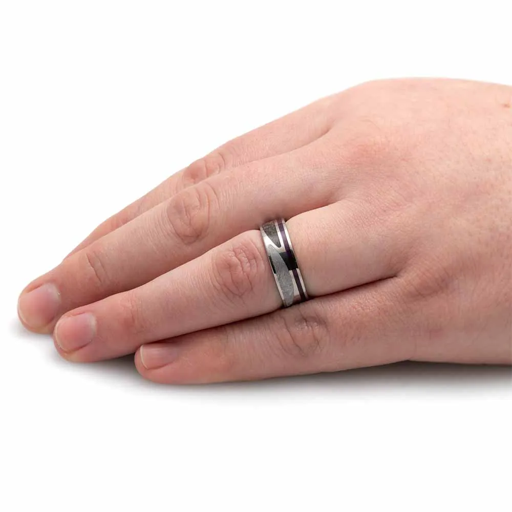 Unique Meteorite and Dinosaur Bone Wedding Band with Wood Pinstripe