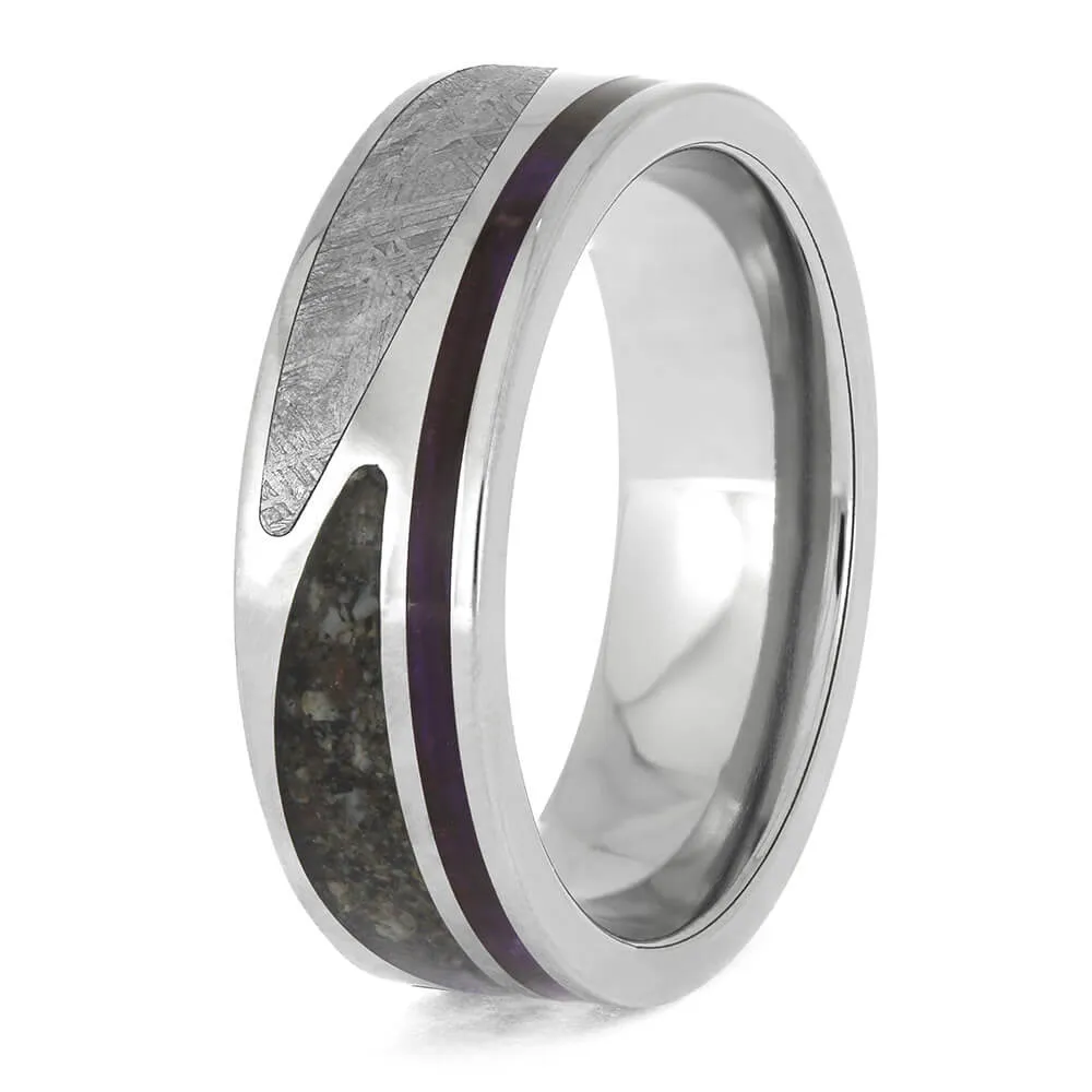 Unique Meteorite and Dinosaur Bone Wedding Band with Wood Pinstripe