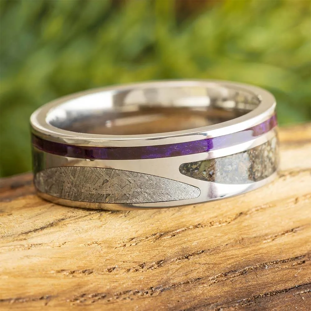 Unique Meteorite and Dinosaur Bone Wedding Band with Wood Pinstripe