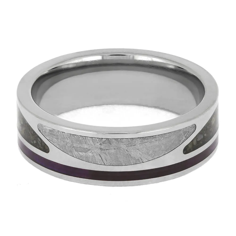 Unique Meteorite and Dinosaur Bone Wedding Band with Wood Pinstripe