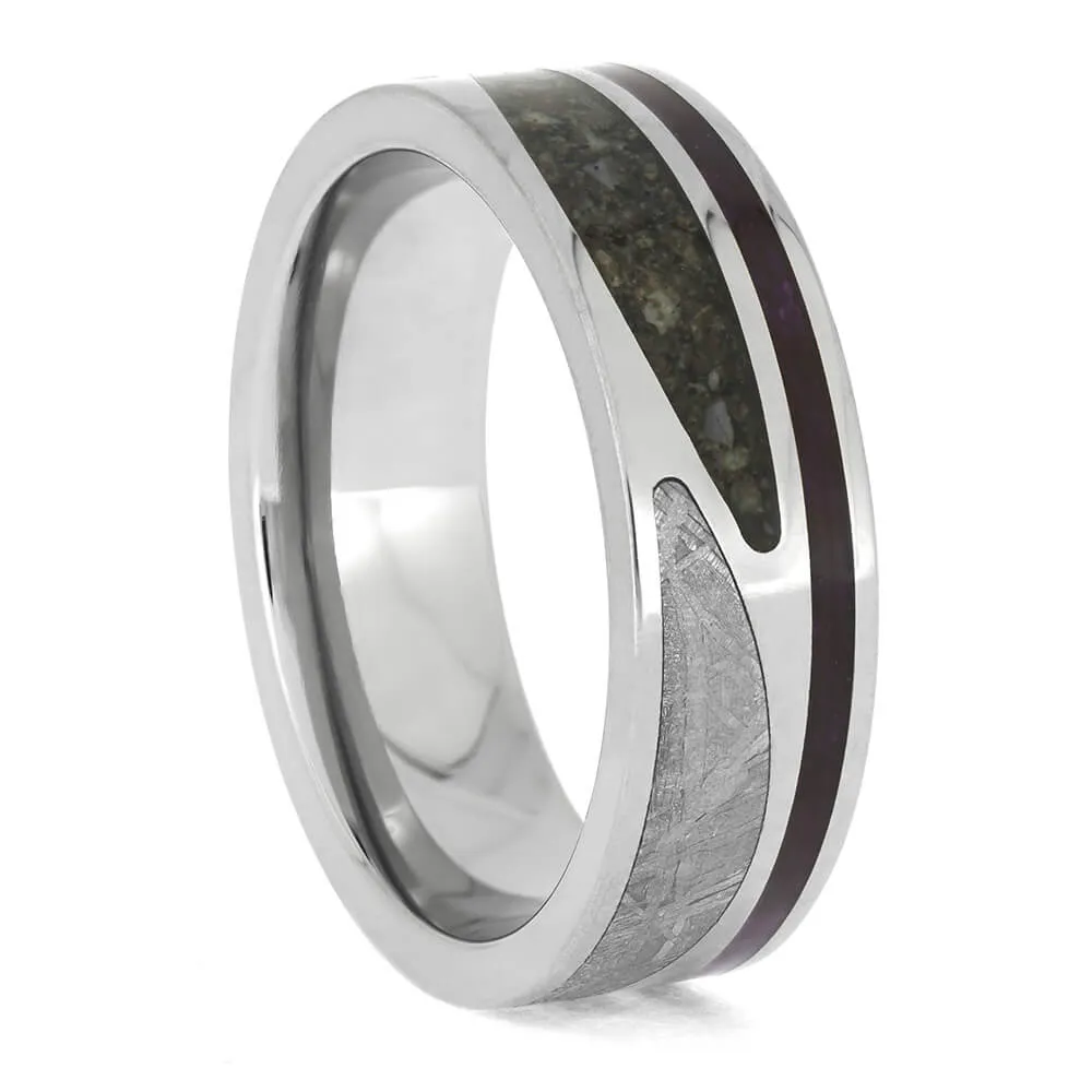 Unique Meteorite and Dinosaur Bone Wedding Band with Wood Pinstripe