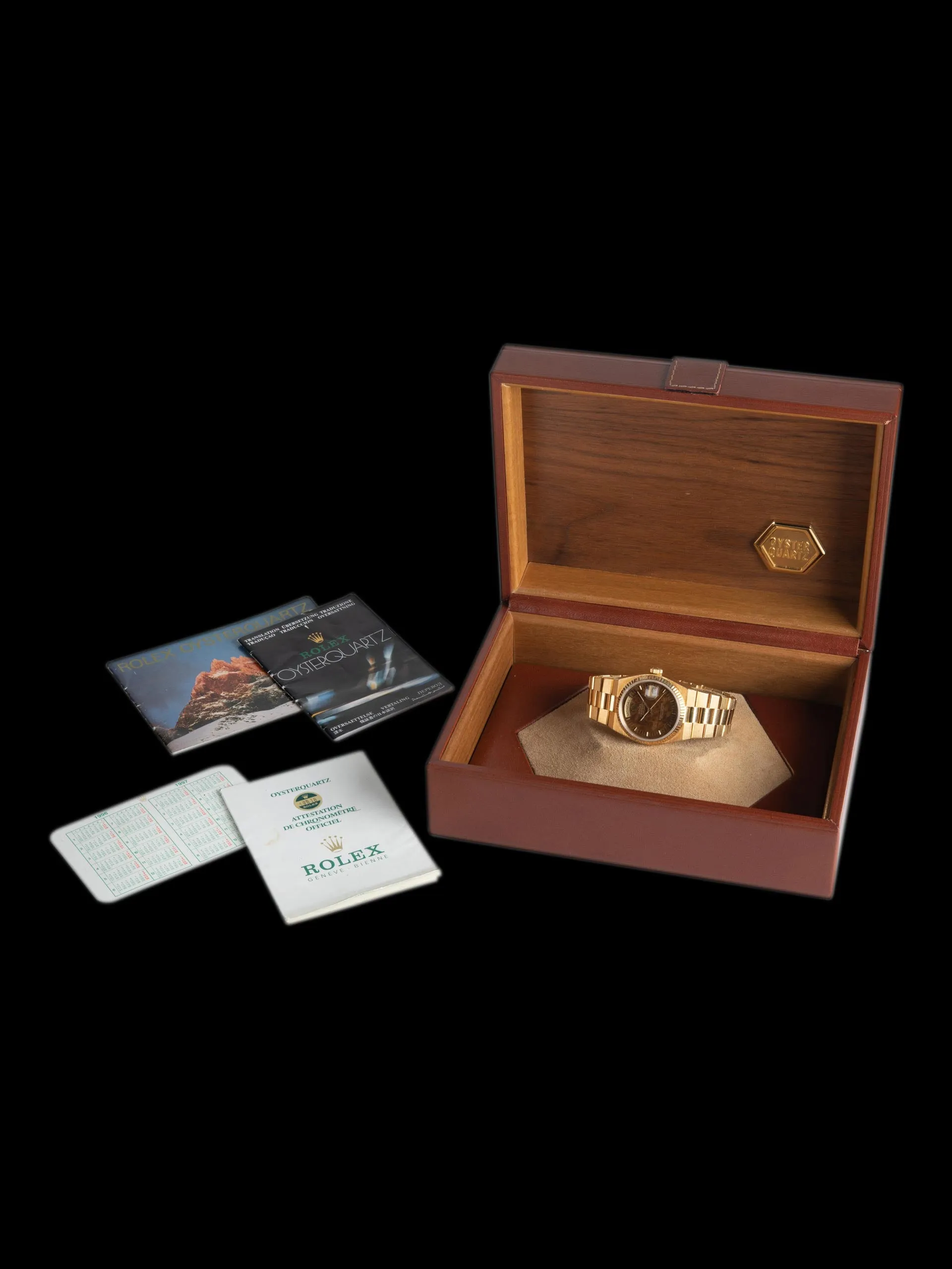 *Unpolished* 1979 Rolex Oysterquartz Day-Date 18K YG (Ref. 19018) Burlwood Dial W/ Box & Papers