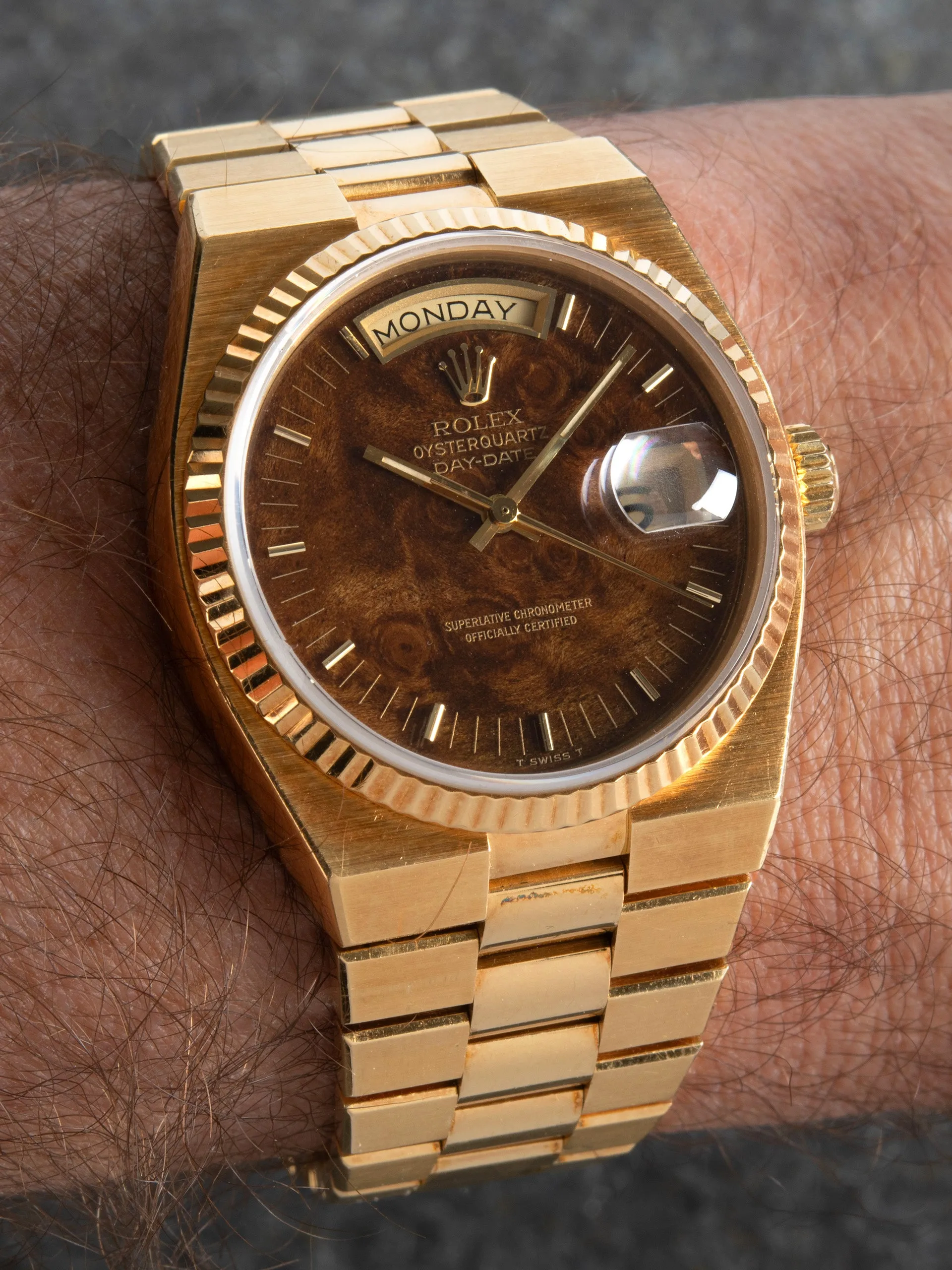 *Unpolished* 1979 Rolex Oysterquartz Day-Date 18K YG (Ref. 19018) Burlwood Dial W/ Box & Papers